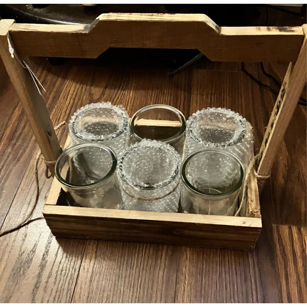 6 Glass Jar Cups in Wooden Holder Home Kitchen Supplies